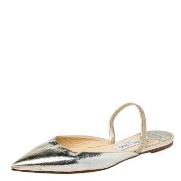 Pre Owned Jimmy Choo Metallic Gold Croc Embossed Leather Genoa Pointed Toe Mules Size 39