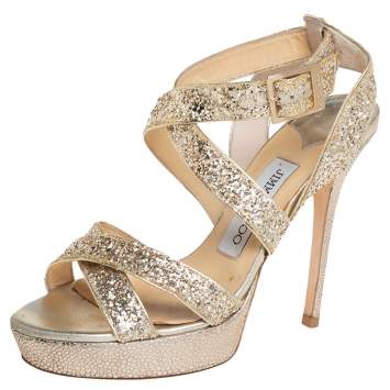 Pre Owned Jimmy Choo Gold Coarse Glitter Leather Vamp Platform Sandals Size 36.5