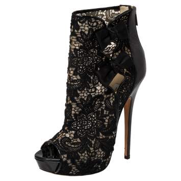 Pre Owned Jimmy Choo Black Lace And Patent Leather Bow Peep Toe Platform Booties Size 39