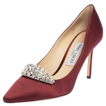 Pre Owned Jimmy Choo Burgundy Satin Crystal Embellished Romy Pointed Toe Pumps Size 38.5
