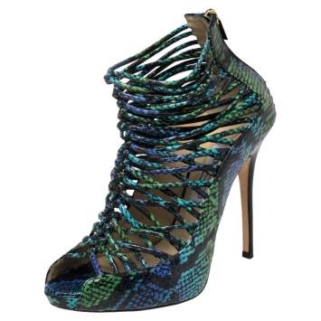 Pre Owned Jimmy Choo Two Tone Python Leather Quaker Elaphe Open Toe Sandals Size 39