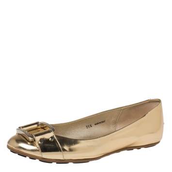 Pre Owned Jimmy Choo Gold Leather Buckle Ballet Flats Size 38.5