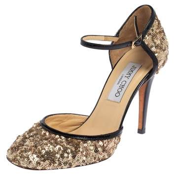 Pre Owned Jimmy Choo Gold Patent Leather And Sequin Tessa Ankle Strap Sandals Size 36.5