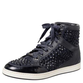 Pre Owned Jimmy Choo Navy Blue Leather and Suede Studded High Top Sneakers Size 37.5