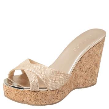 Pre Owned Jimmy Choo Metallic Gold Python Embossed Suede Pandora Cork Wedges Slide Sandals Size 38.5