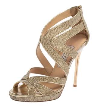 Pre Owned Jimmy Choo Gold Glitter And Leather Lance Strappy Sandals Size 35.5