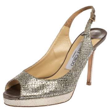 Pre Owned Jimmy Choo Metallic Gold Lamè Glitter Fabric Nova Peep Toe Platform Slingback Sandals Size 36