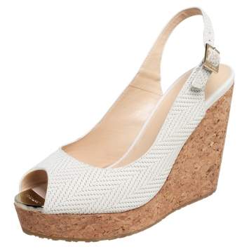 Pre Owned Jimmy Choo White Woven Leather Prova Cork Wedge Sandals Size 37.5