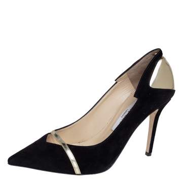 Pre Owned Jimmy Choo Black/Gold Suede Leather Cut Out Detail Pointed Toe Pumps Size 37.5