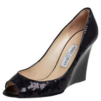 Pre Owned Jimmy Choo Black Sequins Peep Toe Wedge  Pumps Size 39.5