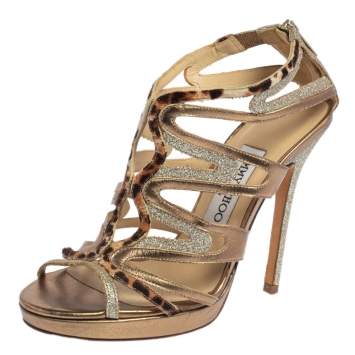 Pre Owned Jimmy Choo Coarse Glitter Leather And Calf Hair Trim Mercury Cage Open Toe Sandals Size 36.5
