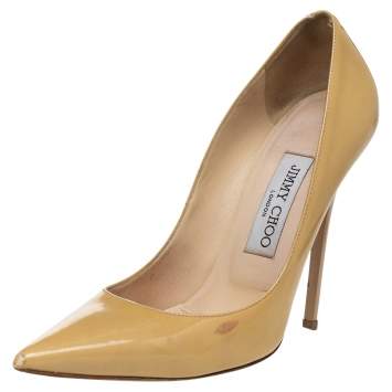 Pre Owned Jimmy Choo Beige Patent Leather Anouk Pointed Toe Pumps Size 36.5