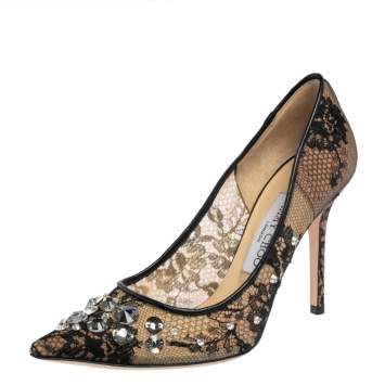 Pre Owned Jimmy Choo Black Lace And Leather Trim Embellished Lyzo Pointed Toe Pumps Size 37