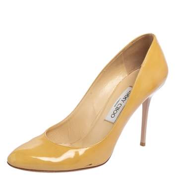 Pre Owned Jimmy Choo Light Yellow Patent Leather Bridget Round Toe Pumps Size 38.5