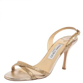 Pre Owned Jimmy Choo Gold Leather and Glitter India Slingback Sandals Size 37.5