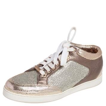 Pre Owned Jimmy Choo Gold Glitter and Leather Trainer Low Top Sneakers Size 36