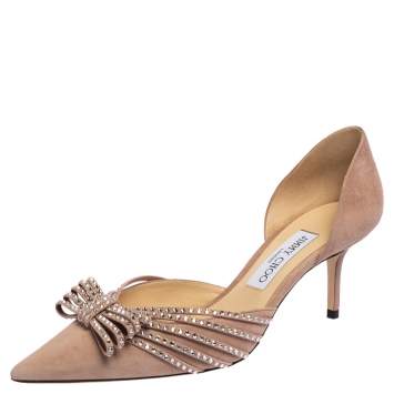 Pre Owned Jimmy Choo Nude Suede Katience Emblelished Dorsay Pumps Size 39.5