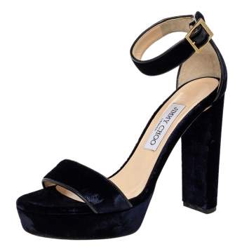 Pre Owned Jimmy Choo Navy Blue/Black Velvet And Leather Platform Ankle Strap Sandals Size 39