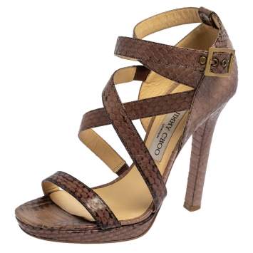 Pre Owned Jimmy Choo Beige Python Double Cross Strap Sandals Size 38