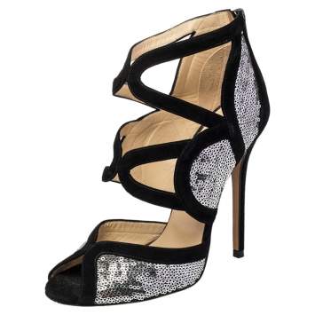 Pre Owned Jimmy Choo Black Suede and Silver Sequins Tempest Sandals Size 38