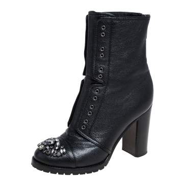 مملوكة مسبقًا Jimmy Choo Black Leather Crystal Embellished Hatcher Boots Size 35