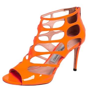 Pre Owned Jimmy Choo Neon Orange Patent Leather Cutout Sandals Size 37.5
