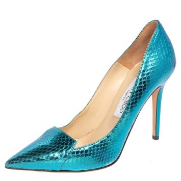 Pre Owned Jimmy Choo Metallic Blue Snakeskin Avril Pointed Toe Pumps Size 37