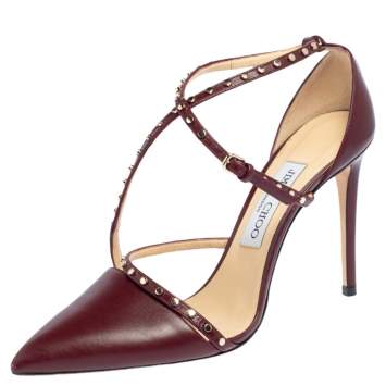 Pre Owned Jimmy Cho Burgundy Leather Studded Crisscross Pumps Size 38