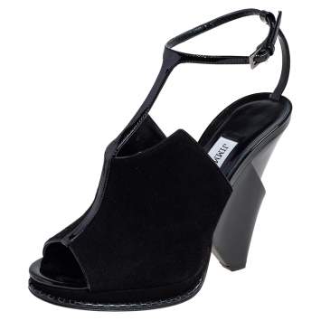 Pre Owned Jimmy Choo Black Suede and Patent Leather T Strap Peep Toe Sandals Size 37