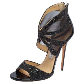 Pre Owned Jimmy Choo Black Glitter and Mesh Leila Sandals Size 36.5