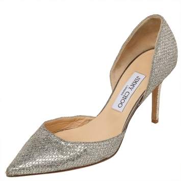 Pre Owned Jimmy Choo Metallic Glitter Champagne Logan D'orsay Peep Toe Pumps Size 38.5