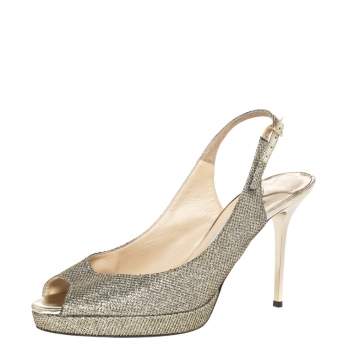 Pre Owned Jimmy Choo Metallic Gold Glitter Peep Toe Slingback Sandals Size 39