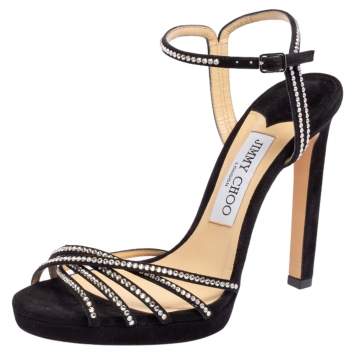 Pre Owned Jimmy Choo Black Suede Lilah Crystal Embellished Ankle Strap Sandals Size 37.5