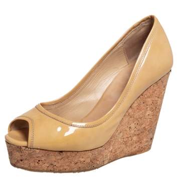 Pre Owned Jimmy Choo Beige Patent Papina Cork Wedge Pumps Size 37