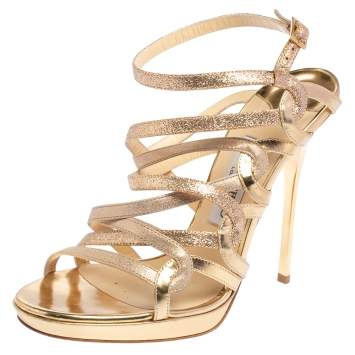 Pre Owned Jimmy Choo Gold Suede, Leather, and Lurex Dart Strappy Sandals Size 38