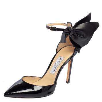 Pre Owned Jimmy Choo Black Patent Leather Kelley Bow Sandals Size 38.5