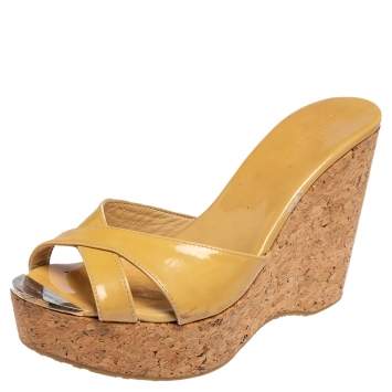 Pre Owned Jimmy Choo Nude Patent Leather Prima Cork Wedge Slides Size 40