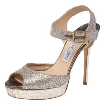 Pre Owned Jimmy Choo Silver Glitter Fabric And Metallic Leather Linda Ankle Strap Sandals Size 38