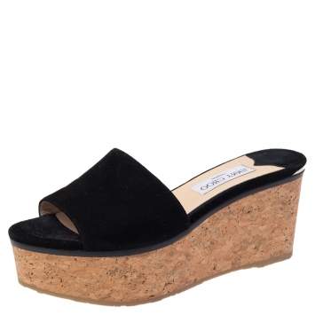 Pre Owned Jimmy Choo Black Suede Cork Wedge Platform Slide Sandals Size 38