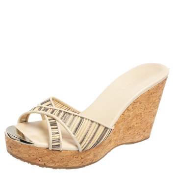 Pre Owned Jimmy Choo Silver/Cream Leather Prima Cork Wedge Platform Sandals Size 38