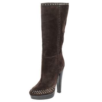 Pre Owned Jimmy Choo Brown Suede Studded Wide Calf Length Platform Boots Size 37