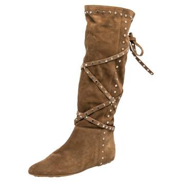 مملوكة مسبقًا Jimmy Choo Beige Suede Embellished Knee Length Boots Size 37.5