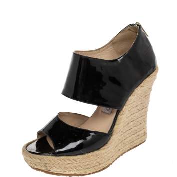 Pre Owned Jimmy Choo Dark Brown Patent Leather Patriot Wedge Platform Espadrilles Size 38