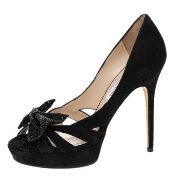 Pre Owned Jimmy Choo Black Suede Bow Peep Toe Platform Pumps Size 37.5