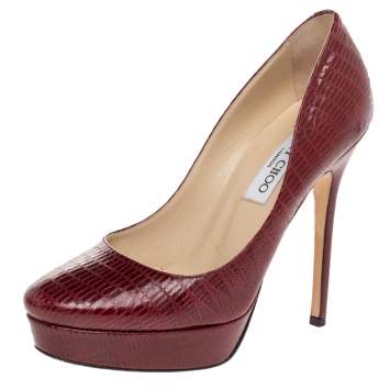 Pre Owned Jimmy Choo Red Lizard Embossed Leather Cosmic Pumps Size 37