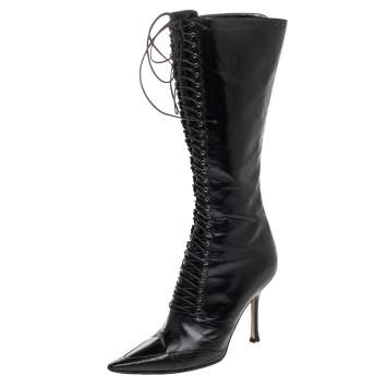 مملوكة مسبقًا Jimmy Choo Black Leather Lace Up Knee Length Boots Size 37.5