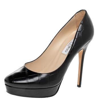 Pre Owned Jimmy Choo Black Croc Embossed Leather Cosmic Platform Pumps Size 38