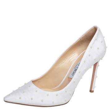 Pre Owned Jimmy Choo White Canvas Romy Pearl Embellished Pointed Toe Pumps 39.5