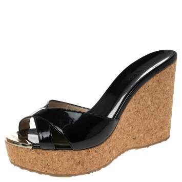 Pre Owned Jimmy Choo Black Patent Leather Perfume Cork Wedge Sandals Size 39