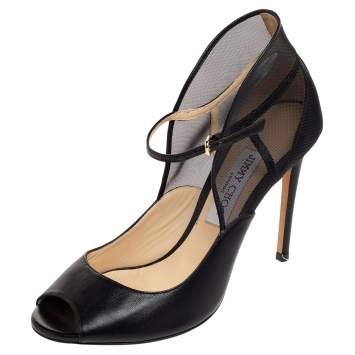 Pre Owned Jimmy Choo Black Leather And Mesh Trudie Peep Toe Ankle Strap Pumps Size 39